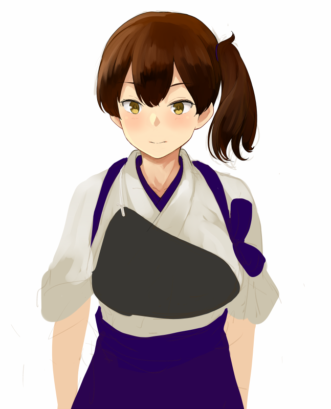 1girl apron brown_eyes brown_hair closed_mouth hakama japanese_clothes kaga_(kantai_collection) kantai_collection long_hair muneate side_ponytail solo tasuki watanore white_background