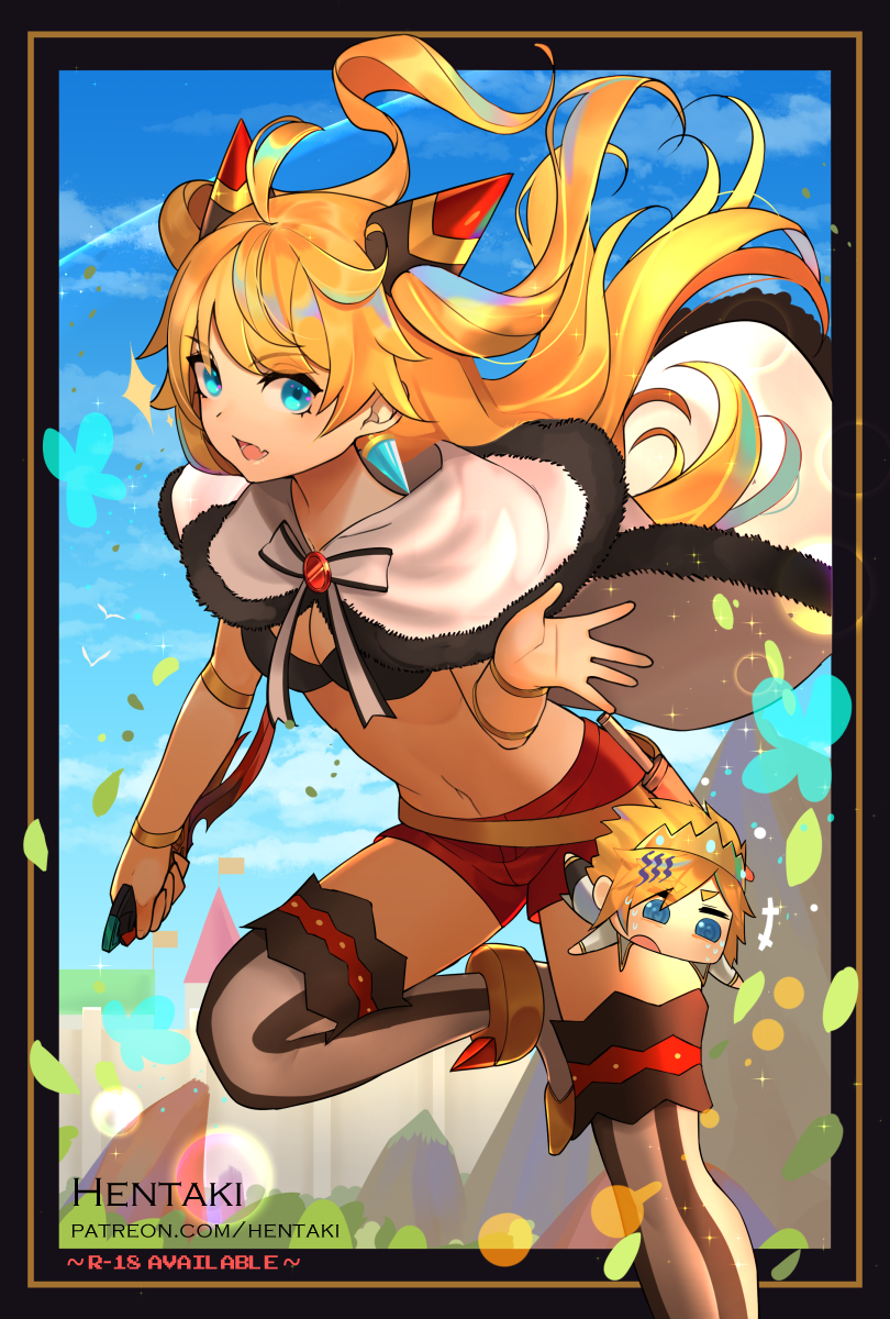 1boy 1girl :d ahoge artist_name black_bikini_top blonde_hair blue_eyes blue_sky breasts cape cleavage clouds dagger day dragalia_lost ezelith fang floating_hair fur_trim hair_ornament hentaki highres holding holding_dagger holding_weapon long_hair looking_at_viewer miniboy navel open_mouth red_shorts shoes short_shorts shorts sky small_breasts smile stomach striped striped_legwear thigh-highs two_side_up weapon white_cape white_footwear