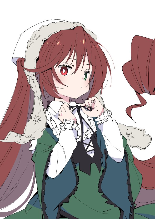 1girl brown_hair dress drill_hair frilled_dress frilled_sleeves frills green_dress green_eyes head_scarf heterochromia ixy long_hair long_sleeves looking_at_viewer neck_ribbon red_eyes ribbon rozen_maiden solo suiseiseki tying very_long_hair white_background