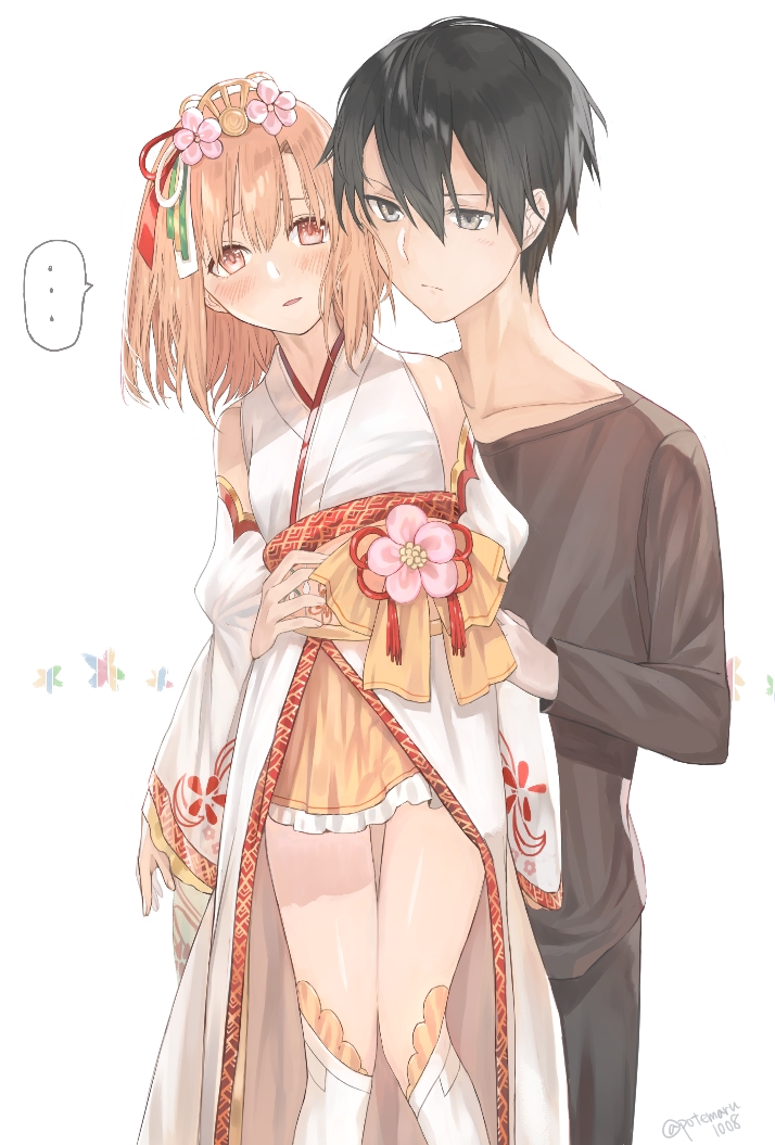 ... 1boy 1girl asuna_(sao) black_hair black_shirt blush brown_eyes brown_hair child collarbone detached_sleeves frilled_skirt frills green_ribbon grey_eyes hair_between_eyes hair_ribbon japanese_clothes kimono kirito kneehighs long_sleeves miniskirt obi open_mouth pink_ribbon print_sleeves red_ribbon ribbon riko201008 sash shiny shiny_skin shirt short_hair simple_background skirt sleeveless sleeveless_kimono speech_bubble sword_art_online twitter_username white_background white_kimono white_legwear white_ribbon white_sleeves yellow_skirt younger