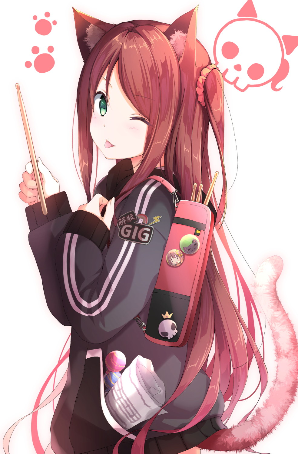 1girl akabane_youko animal_ears backpack badge bag bangs black_jacket black_skirt blush brown_hair candy cat_ears cat_tail cowboy_shot drumsticks food green_eyes hair_ornament hair_scrunchie highres holding_drumsticks jacket kemonomimi_mode long_hair long_sleeves looking_at_viewer na53 nijisanji one_eye_closed one_side_up paw_print pleated_skirt scrunchie sheet_music simple_background skirt smile tail tongue tongue_out very_long_hair virtual_youtuber white_background