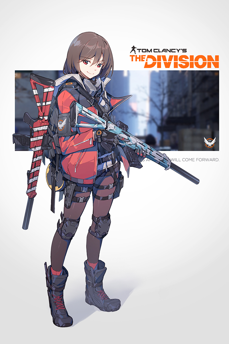 1girl boots brown_hair chinese_commentary commentary_request full_body gloves gun highres holding holding_gun holding_weapon jacket knee_pads logo nian original pantyhose red_eyes solo suppressor tom_clancy's_the_division trigger_discipline weapon