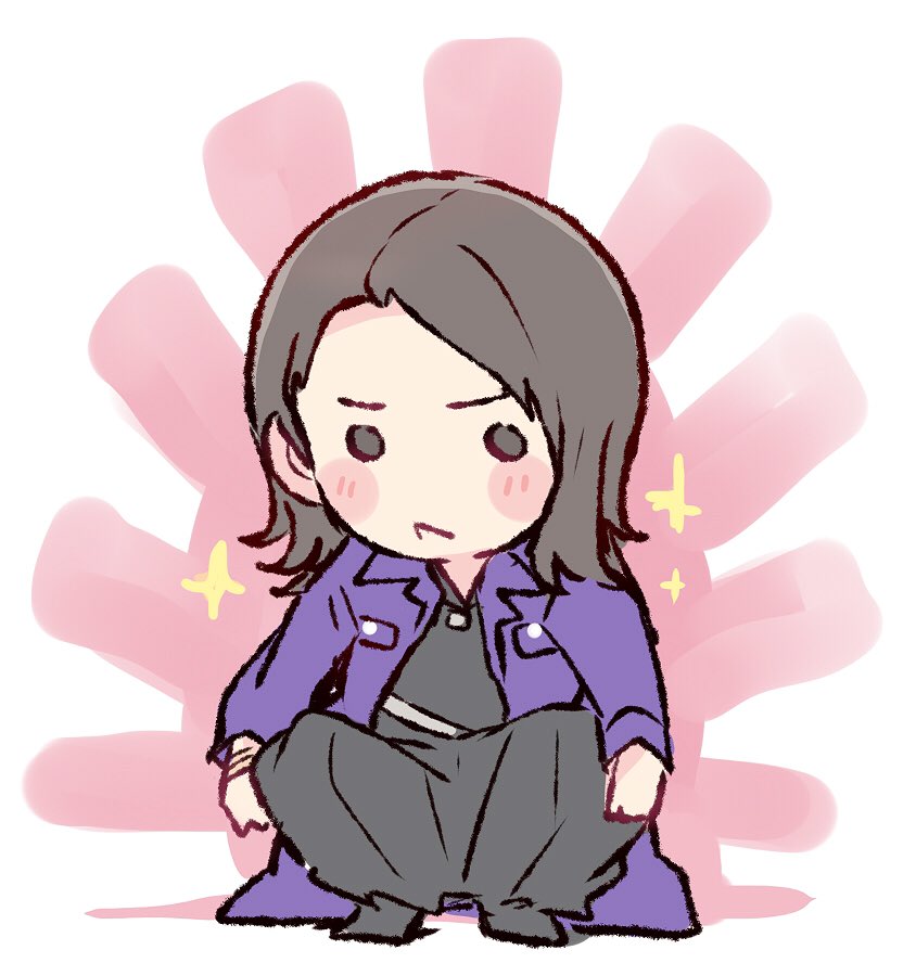 1girl akb48 black_eyes black_hair black_hakama black_shirt blush chibi commentary_request frown hakama japanese_clothes kizaki_yuria long_hair long_jacket long_sleeves no_bangs purple_coat real_life shirt solo sparkle squatting sunburst taneda_yuuta yankee