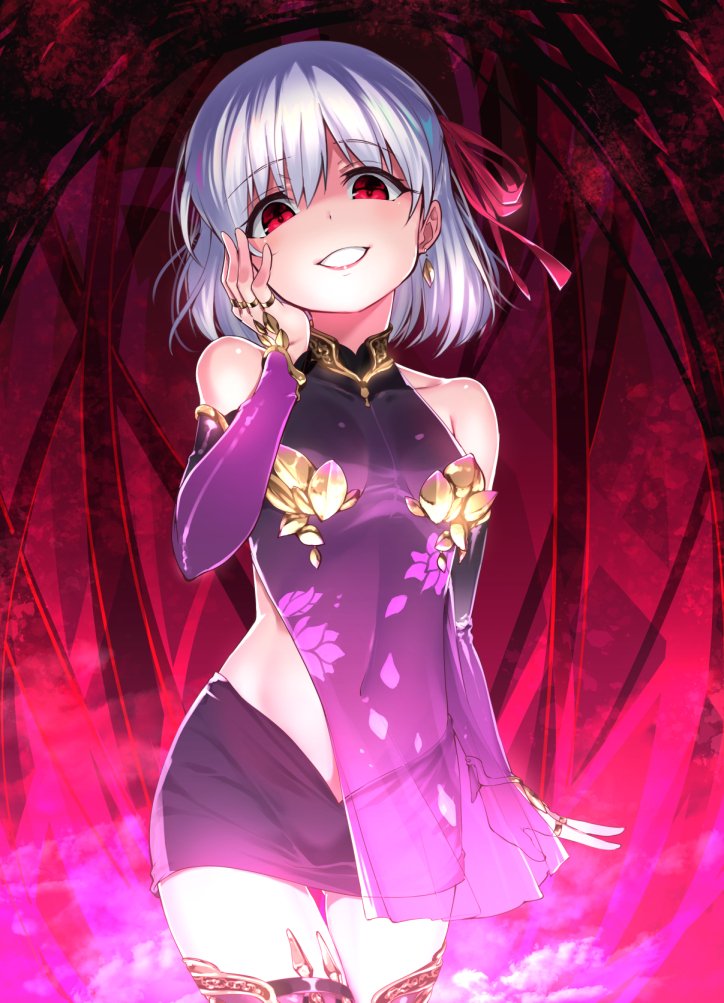 1girl arm_at_side aura bangs bare_shoulders blush breasts covered_navel cowboy_shot detached_sleeves dress earrings eyebrows_visible_through_hair fate/grand_order fate_(series) grin hair_ribbon hand_on_own_cheek head_tilt jewelry kama_(fate/grand_order) looking_at_viewer multiple_rings purple_dress purple_sleeves red_eyes red_ribbon ribbon see-through shaded_face short_hair silver_hair sleeveless sleeveless_dress smile solo thigh-highs youmou_usagi