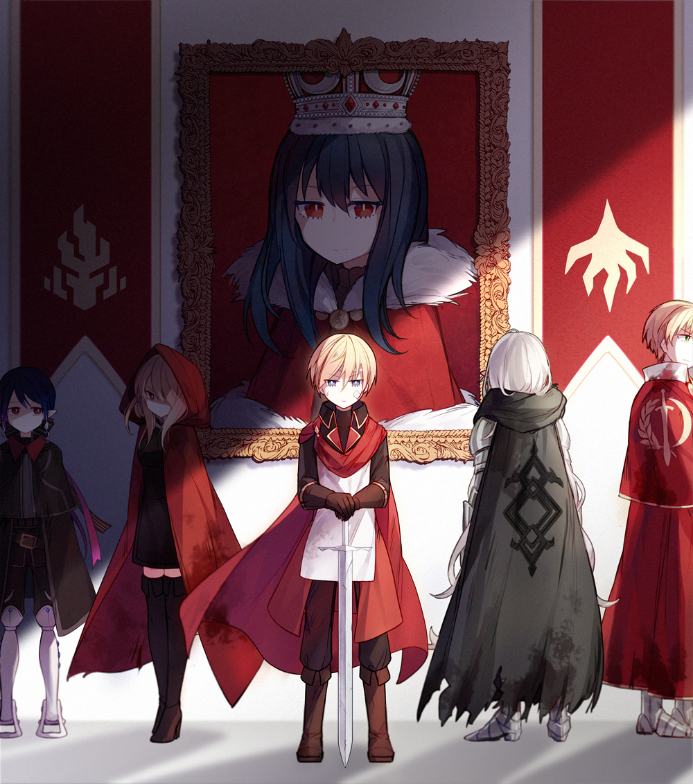2girls 3boys androgynous armor banner black_footwear black_hair blonde_hair blue_hair boots brown_gloves cape cloak dylan_the_island_king gloves grey_eyes grey_knight_julia hair_over_one_eye hiragi_rin hood hooded_cloak indoors laurel_knight_sylvester leslie_the_moon_queen long_hair looking_at_viewer multiple_boys multiple_girls pixiv_fantasia pixiv_fantasia_last_saga red_cape red_eyes red_hood sidelocks standing sword thigh-highs thigh_boots very_long_hair weapon