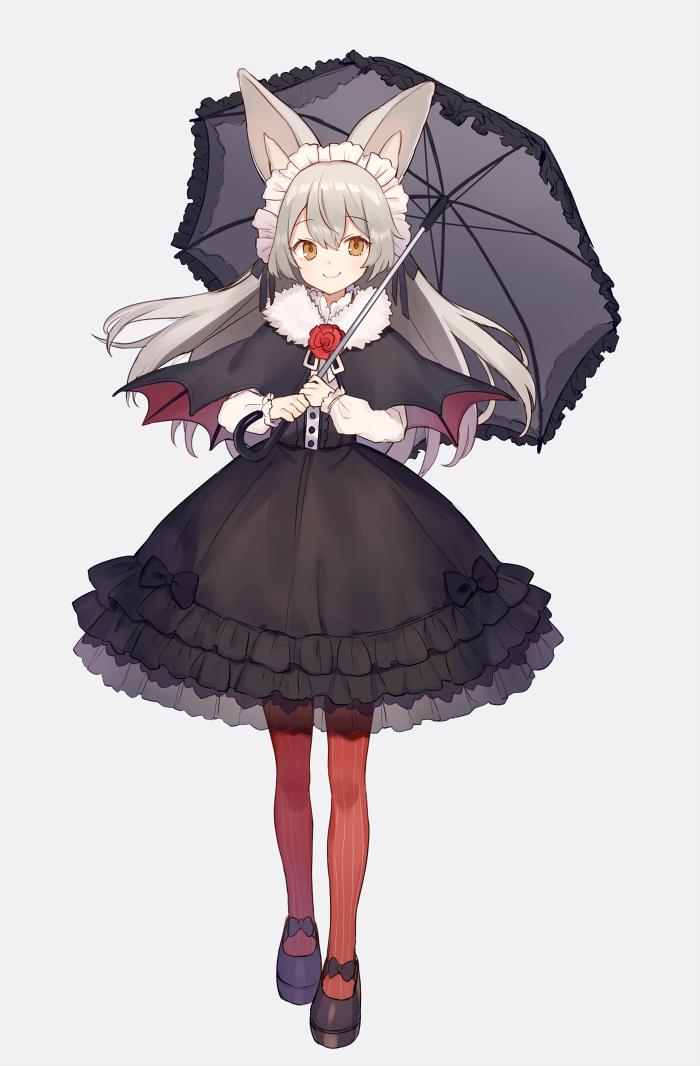 1girl animal_ears black_capelet black_dress black_footwear black_ribbon brown_eyes capelet closed_mouth dress floating_hair flower frilled_dress frills full_body fur_collar grey_background headdress holding holding_umbrella loafers long_hair long_sleeves looking_at_viewer original pantyhose red_flower red_legwear ribbon rose shoes shugao silver_hair simple_background smile solo standing striped striped_legwear umbrella