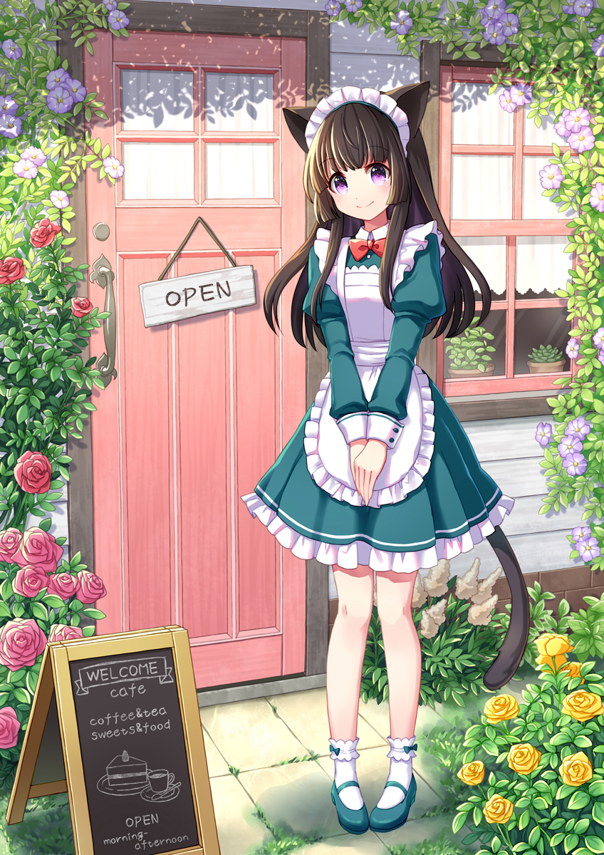 1girl animal_ears apron aqua_dress aqua_footwear bangs black_hair bow bowtie cat_ears cat_tail coconat_summer commentary_request dress flower frilled_dress frills hands_together highres long_hair long_sleeves looking_at_viewer maid maid_cafe maid_headdress mary_janes open_sign original outdoors pigeon-toed pink_flower pink_rose plant potted_plant purple_flower red_neckwear rose shoes sign socks solo standing tail vines violet_eyes white_apron white_legwear window yellow_flower yellow_rose