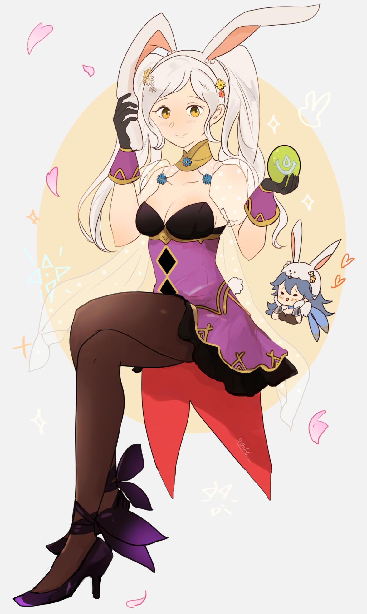 2girls alternate_costume animal_ears black_gloves black_legwear blue_hair breasts cleavage closed_mouth easter_egg egg fake_animal_ears female_my_unit_(fire_emblem:_kakusei) fire_emblem fire_emblem:_kakusei fire_emblem_heroes flower full_body gloves hair_flower hair_ornament high_heels highres holding long_hair lucina medium_breasts multiple_girls my_unit_(fire_emblem:_kakusei) nintendo pantyhose petals rabbit_ears sasaki_(dkenpisss) sitting smile solo_focus twintails white_hair