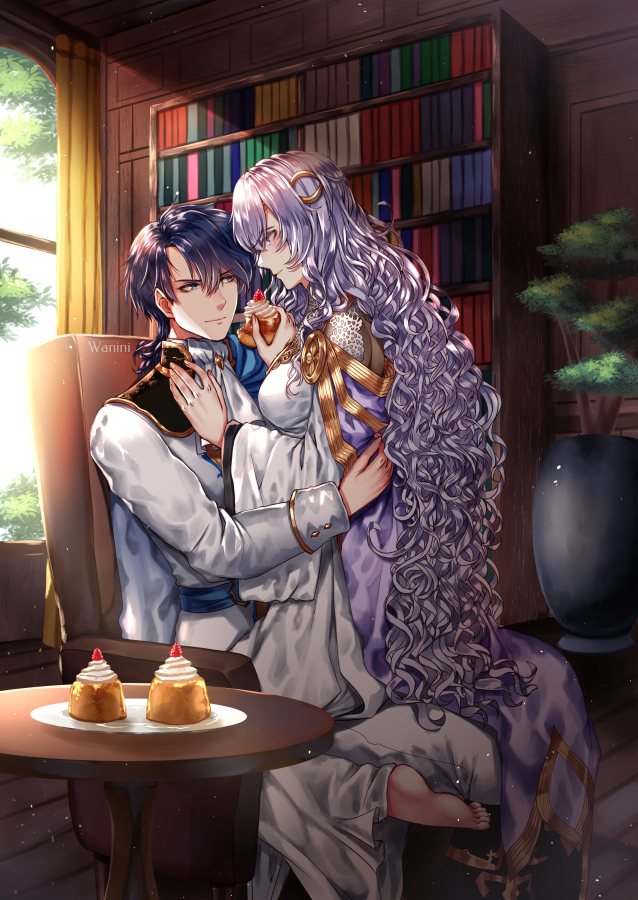 1girl blue_eyes blue_hair blush book cape chair chocolate circlet couple diadora_(fire_emblem) dress fire_emblem fire_emblem:_seisen_no_keifu fire_emblem_heroes food lavender_hair long_hair nintendo purple_hair short_hair sigurd_(fire_emblem) smile violet_eyes wani_(fadgrith)