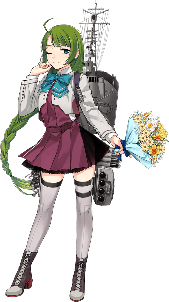 1girl aqua_bow aqua_neckwear blouse blue_eyes boots bouquet bow bowtie braid cross-laced_footwear flower fujikawa green_hair grey_legwear kantai_collection lace-up_boots long_hair long_sleeves mole mole_under_mouth official_art one_eye_closed pleated_skirt purple_skirt purple_vest single_braid skirt smile solo thigh-highs transparent_background vest white_blouse yuugumo_(kantai_collection)