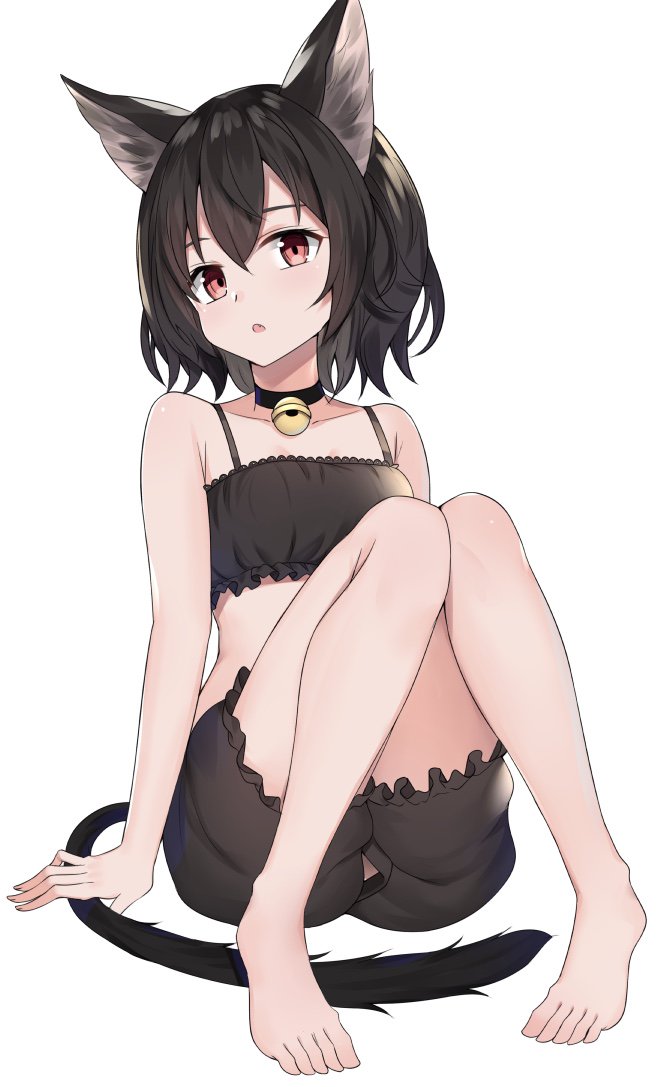 1girl :o animal_ears arm_support bare_arms bare_legs bare_shoulders barefoot bell black_bra black_choker black_hair bloomers bra breasts cat_ears cat_girl cat_tail choker collarbone fang feet full_body jingle_bell kanikou knees_together_feet_apart knees_up lace_trim looking_at_viewer original parted_lips red_eyes short_hair simple_background sitting small_breasts solo tail thighs underwear underwear_only white_background