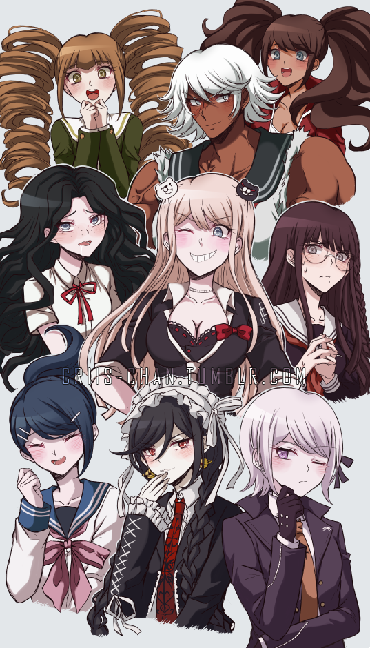 1boy 6+girls alternate_hairstyle asahina_aoi bangs bear_hair_ornament black_gloves black_hair black_jacket blonde_hair blue_hair blush bow breasts brown_hair brown_neckwear celestia_ludenberck cleavage closed_eyes collarbone commentary criis-chan dangan_ronpa dangan_ronpa_1 drill_hair enoshima_junko evil_grin evil_smile eyebrows_visible_through_hair facial_scar freckles fujisaki_chihiro fukawa_touko glasses gloves grin hair_ornament hair_up hairclip headdress ikusaba_mukuro jacket kirigiri_kyouko large_breasts long_hair long_sleeves looking_at_viewer maizono_sayaka medium_breasts medium_hair multiple_girls necktie one_eye_closed oogami_sakura red_bow red_neckwear red_ribbon ribbon scar school_uniform short_hair sleeves_rolled_up small_breasts smile spoilers sweatdrop twintails upper_body white_hair white_headdress