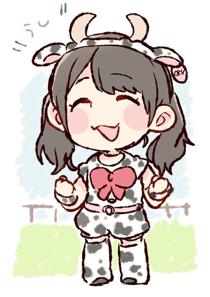 1girl :3 :d ^_^ akb48 animal_costume animal_ears animal_print belt black_hair blush bow bowtie clenched_hands closed_eyes closed_eyes commentary_request cow_costume cow_ears cow_horns cow_print ear_tag full_body horns kawamoto_saya long_hair open_mouth print_legwear print_shirt print_shorts real_life red_neckwear shirt shorts smile solo standing taneda_yuuta twintails wristband