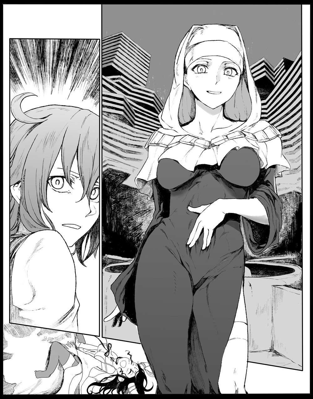 2girls ahoge architecture bangs blush breasts closed_eyes collarbone comic dress emphasis_lines facial_mark fate/extra fate/extra_ccc fate/grand_order fate_(series) fujimaru_ritsuka_(female) greyscale hand_on_own_stomach highres horns interior jojo_no_kimyou_na_bouken long_sleeves looking_at_viewer medium_hair monochrome multiple_girls nun parody revealing_clothes ribbon sesshouin_kiara side_slit sitting smile syatey tattoo thigh-highs uniform veil wariza wavy_hair