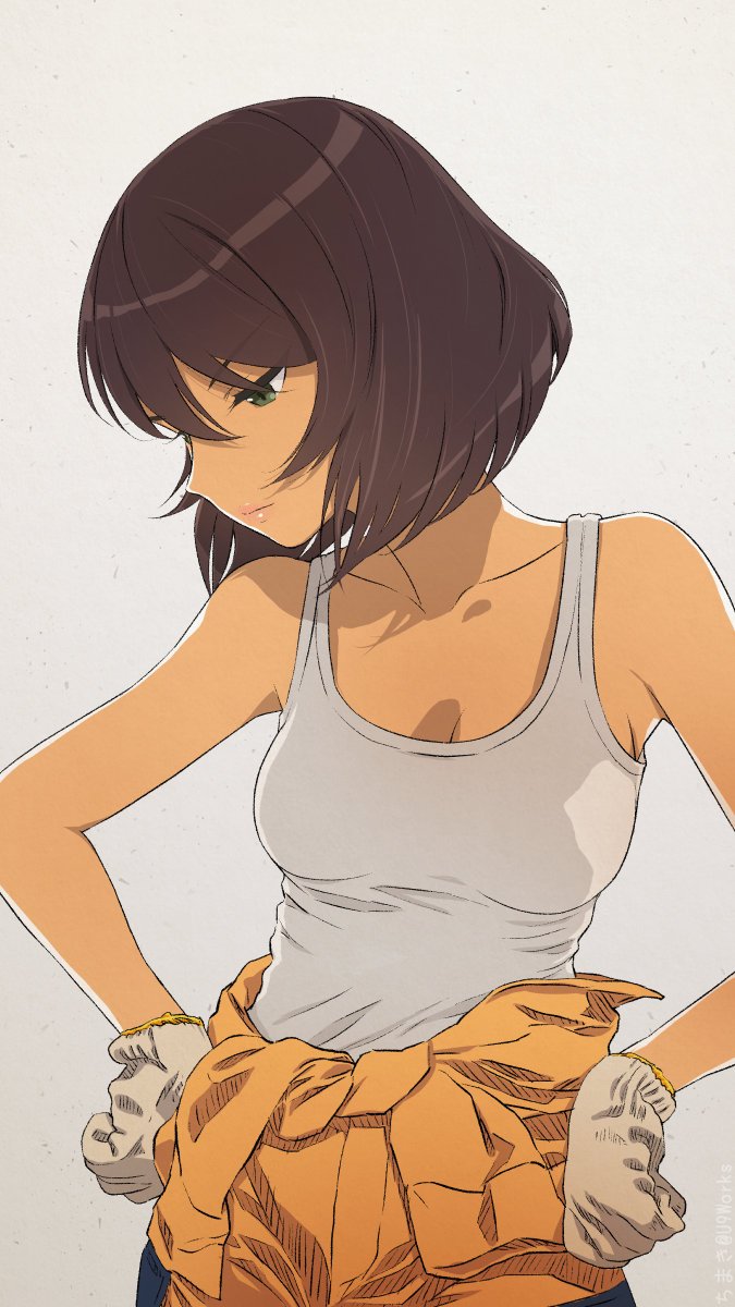 1girl akagi_(fmttps) artist_name bangs breasts brown_hair cleavage closed_mouth clothes_around_waist commentary dark_skin girls_und_panzer gloves green_eyes grey_background hands_on_hips highres hoshino_(girls_und_panzer) jumpsuit light_frown lips mechanic medium_breasts orange_jumpsuit shirt short_hair solo standing tank_top twitter_username uniform upper_body white_gloves white_shirt