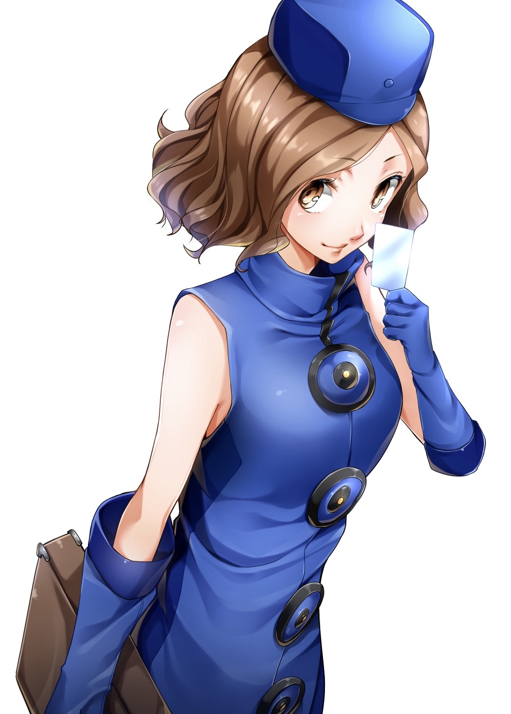 1girl bag blue_dress blue_gloves blue_headwear brown_eyes brown_hair cosplay dress elbow_gloves elizabeth_(persona) elizabeth_(persona)_(cosplay) gloves highres holding holding_bag imo_(evekelu-111) looking_at_viewer okumura_haru parted_lips persona persona_5 shiny shiny_hair short_hair simple_background sleeveless sleeveless_dress smile solo standing suitcase white_background