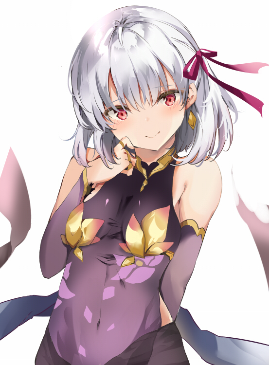 1girl arm_behind_back arm_warmers bangs bare_shoulders breasts closed_mouth commentary_request covered_navel dress earrings fate/grand_order fate_(series) hair_ribbon hand_up head_tilt jewelry kama_(fate/grand_order) long_hair looking_at_viewer pon_(ponidrop) purple_dress red_eyes ribbon ring silver_hair simple_background small_breasts smile solo upper_body white_background