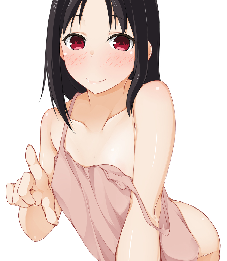 1girl bangs bare_arms bare_shoulders black_hair blush camisole closed_mouth collarbone commentary_request eyebrows_visible_through_hair fingernails hinata_masaki kaguya-sama_wa_kokurasetai_~tensai-tachi_no_renai_zunousen~ long_hair looking_at_viewer parted_bangs pink_camisole pointing pointing_at_viewer red_eyes shinomiya_kaguya sidelocks simple_background smile solo strap_slip white_background