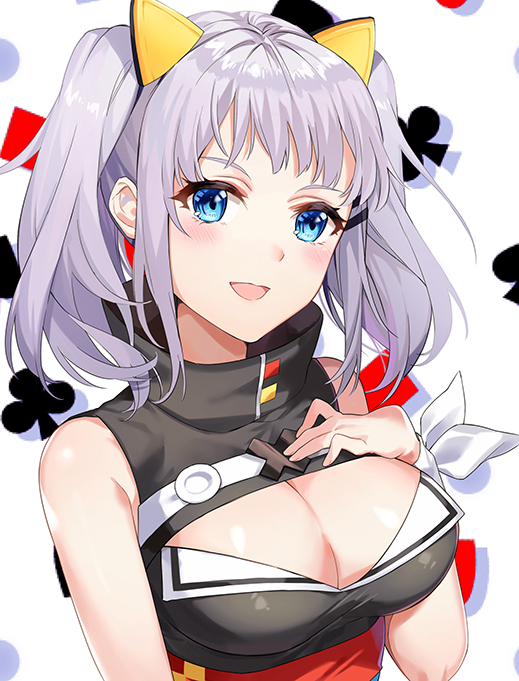 1girl :d al_(ahr) blue_eyes blush breasts cleavage cleavage_cutout kaguya_luna large_breasts looking_at_viewer obi open_mouth sash short_hair silver_hair sleeveless smile solo the_moon_studio twintails upper_body virtual_youtuber