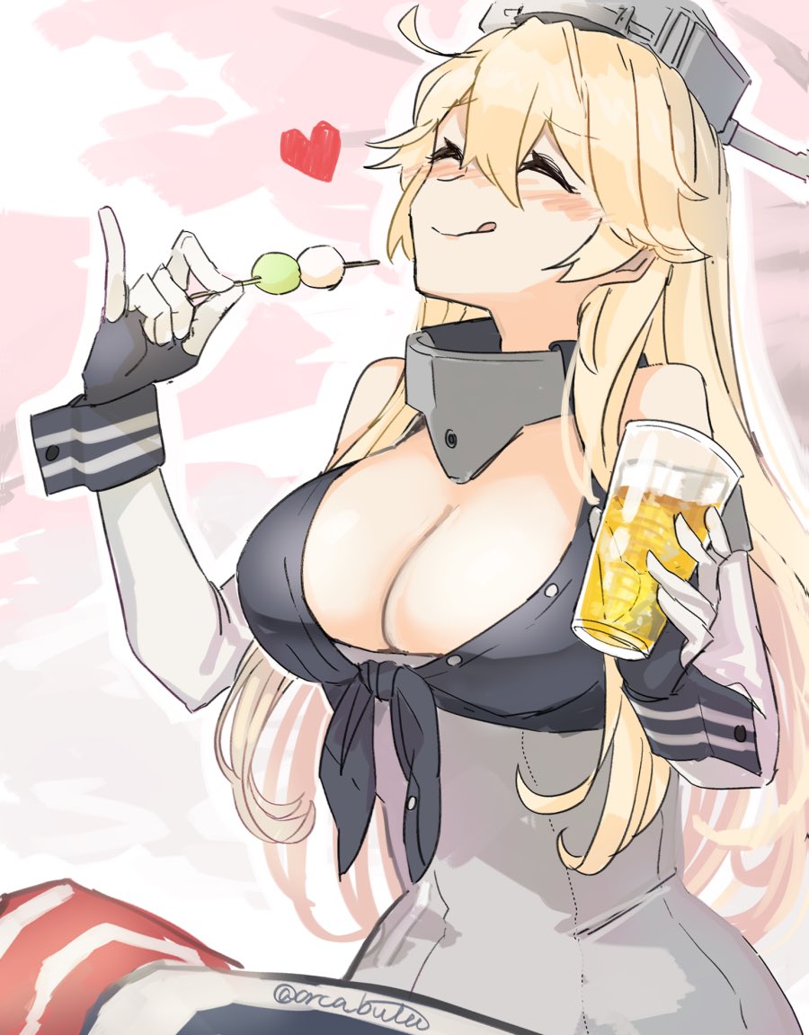 1girl alcohol beer blonde_hair breasts closed_eyes commentary_request cowboy_shot dango eating elbow_gloves fingerless_gloves food front-tie_top glass gloves hair_between_eyes headgear iowa_(kantai_collection) kantai_collection large_breasts miniskirt sitting skirt solo striped striped_legwear thigh-highs tongue tongue_out vertical-striped_legwear vertical_stripes wagashi yamashiki_(orca_buteo)