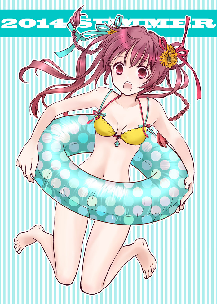 1girl 2014 :o aqua_ribbon barefoot bikini breasts cleavage collarbone cute eyebrows_visible_through_hair floating_hair flower full_body hair_flower hair_ornament hair_ribbon innertube jumping legs_up long_hair looking_at_viewer navel original red_eyes red_ribbon redhead ribbon sakuragi_akira small_breasts solo striped striped_background swimsuit tiny_pupils very_long_hair yellow_bikini_top yellow_flower