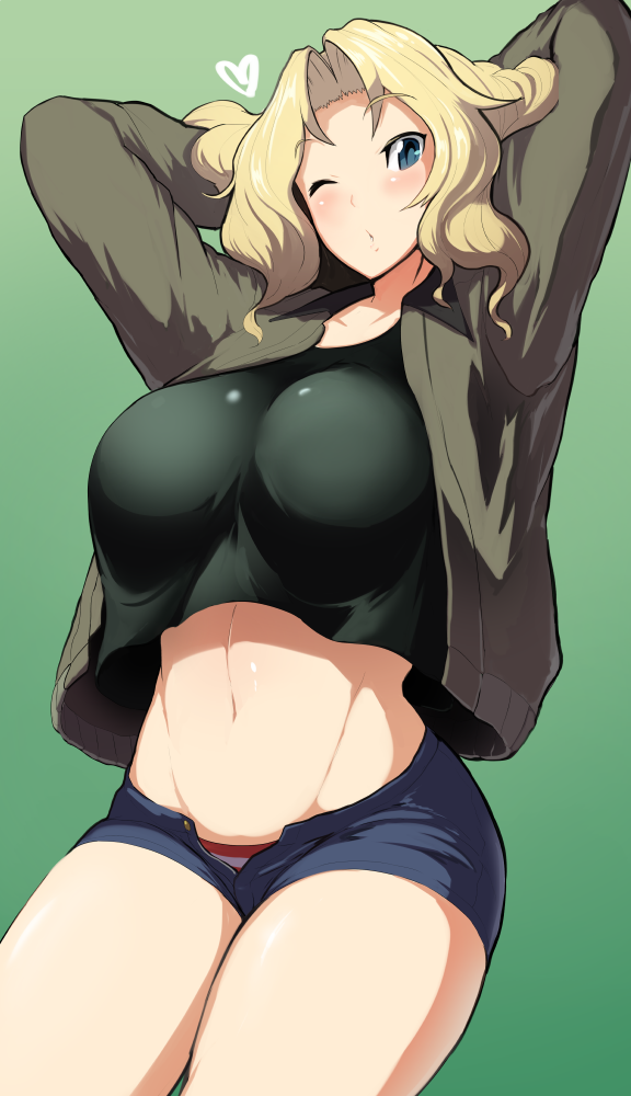 1girl arms_behind_head arms_up black_shirt blonde_hair blue_eyes blue_shorts blush breasts brown_jacket commentary cowboy_shot denim denim_shorts girls_und_panzer green_background hair_intakes heart jacket kay_(girls_und_panzer) large_breasts long_hair long_sleeves looking_at_viewer midriff military military_uniform navel one_eye_closed open_clothes open_fly open_jacket open_mouth panties puckered_lips red_panties sasaki_tatsuya saunders_military_uniform shirt short_shorts shorts smile solo standing striped striped_panties thigh-highs thighs unbuttoned underwear uniform white_legwear