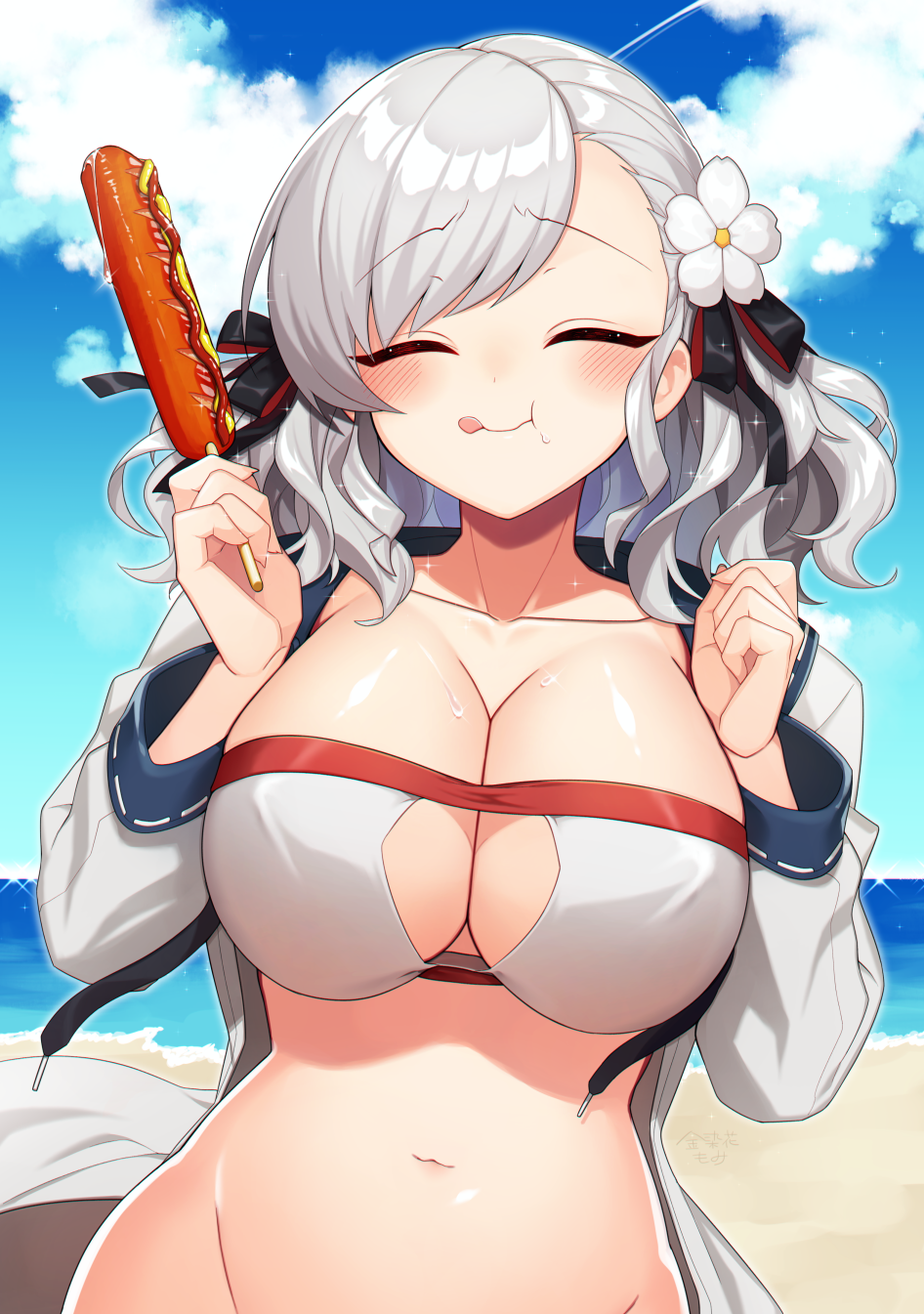 1girl alternate_costume bangs bare_shoulders beach bikini black_ribbon blue_sky blush breasts center_opening cleavage closed_eyes clouds collarbone commentary day eating eyebrows_visible_through_hair facing_viewer food full_mouth girls_frontline groin hair_ornament hair_ribbon hands_up highres holding holding_food jacket kinsenka_momi large_breasts long_hair navel ocean open_clothes open_jacket outdoors ribbon sand silver_hair sky smile solo spas-12_(girls_frontline) sweat swimsuit tongue tongue_out twintails