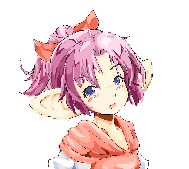 1boy 1girl animal_ears arm_behind_head arm_up bare_arms blush bow dress dutch_angle elf facing_viewer forehead hair_ribbon legend_of_mana lisa_(lom) looking_at_viewer pointy_ears ponytail purple_hair red_bow red_dress ribbon seiken_densetsu short_sleeves simple_background solo_focus violet_eyes white_background widow's_peak
