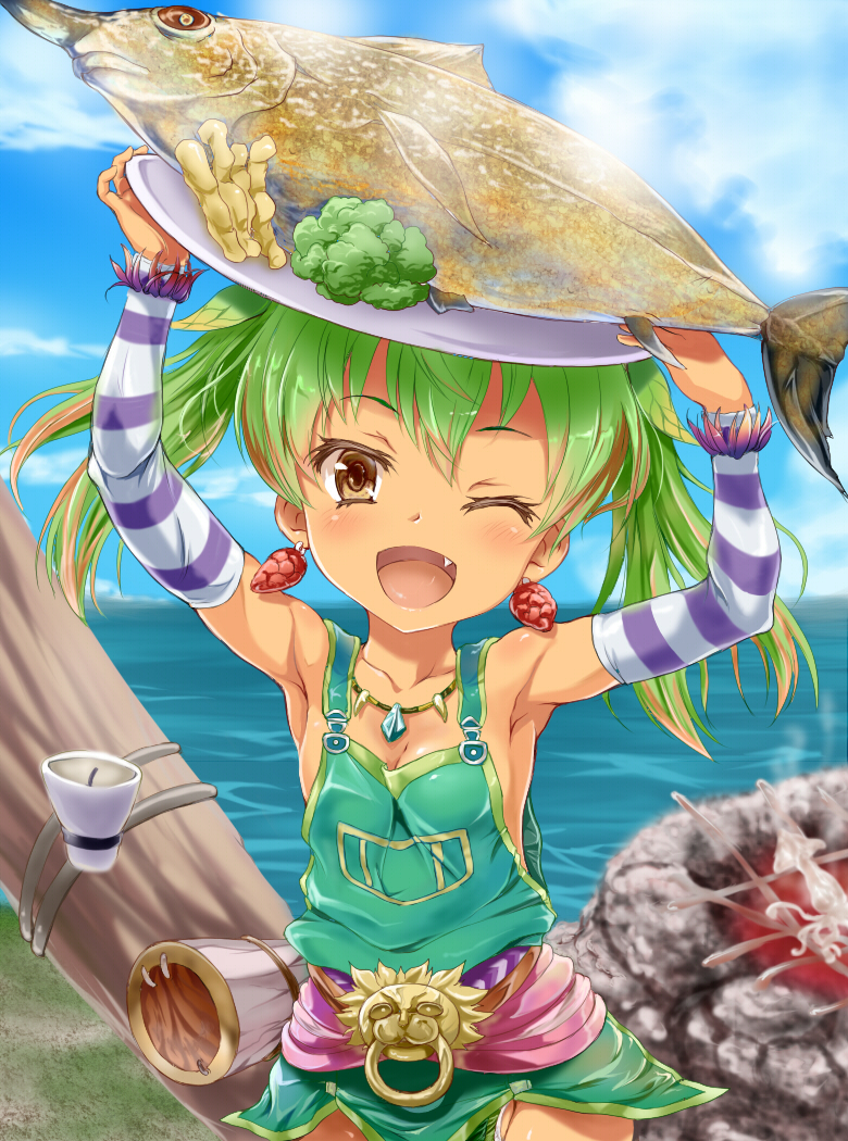 1girl ;d apron arm_warmers armpits arms_up bare_shoulders blue_sky breasts brown_eyes cleavage clouds dark_skin day detached_sleeves earrings fang fish green_hair happy jewelry katanon_(suparutan) looking_at_viewer naked_apron necklace ocean one_eye_closed open_mouth outdoors plate ricotta_(ys) sideboob sky sleeveless small_breasts smile solo striped_sleeves twintails ys ys_viii_lacrimosa_of_dana