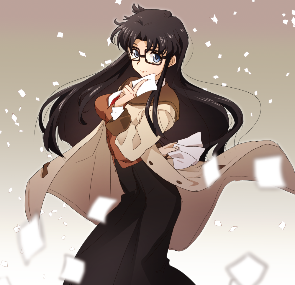 1girl black_hair blue_eyes breasts glasses hat0mg long_hair long_skirt long_sleeves looking_at_viewer messy_hair necktie open_clothes paper read_or_die red_neckwear shirt skirt smile solo yomiko_readman