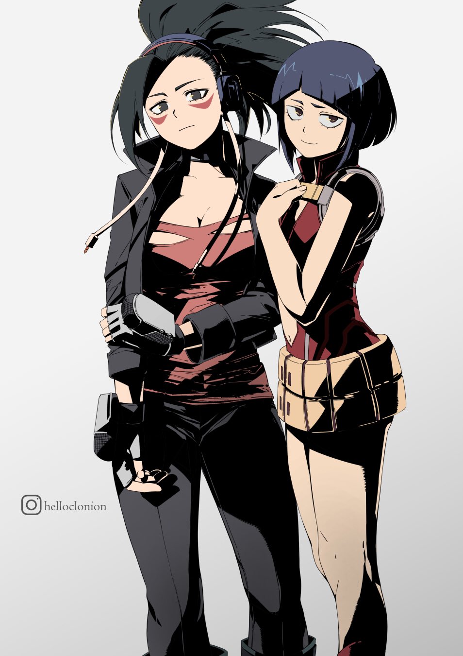 2girls artist_name black_hair black_jacket blue_hair boku_no_hero_academia clonion cosplay costume_switch fingerless_gloves gloves highres jacket jirou_kyouka long_hair looking_at_viewer multiple_girls open_clothes open_jacket personality_switch red_shirt shirt short_hair simple_background torn_clothes torn_shirt yaoyorozu_momo