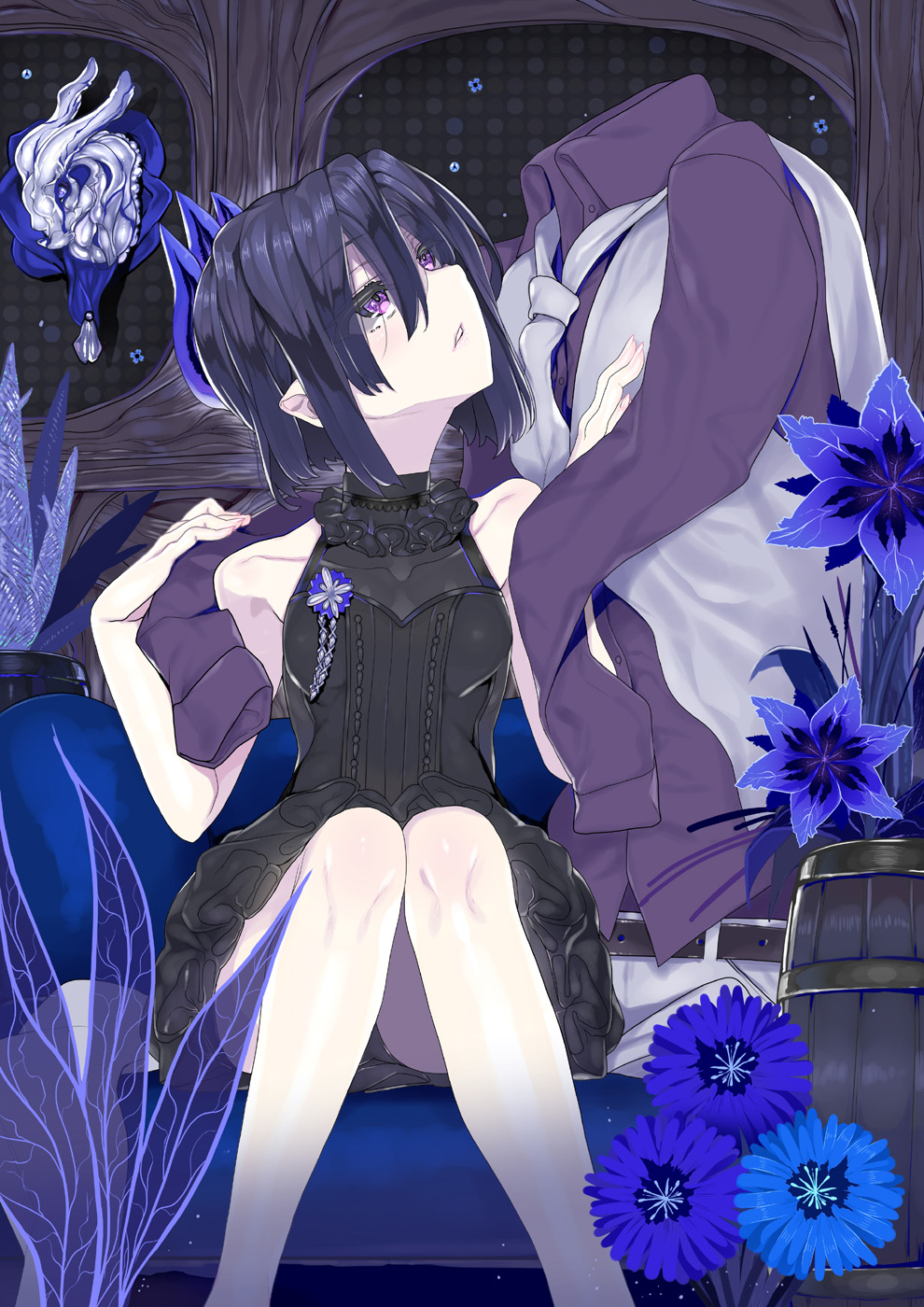 1girl bangs bare_shoulders barrel black_dress black_hair blue_flower breasts char collarbone commentary_request covered_collarbone dress dress_shirt eyebrows_visible_through_hair flower grey_neckwear hair_between_eyes highres invisible_man knees_together_feet_apart long_sleeves looking_at_another looking_to_the_side original parted_lips purple_shirt shirt short_hair sitting sleeveless sleeveless_dress small_breasts vest violet_eyes white_vest