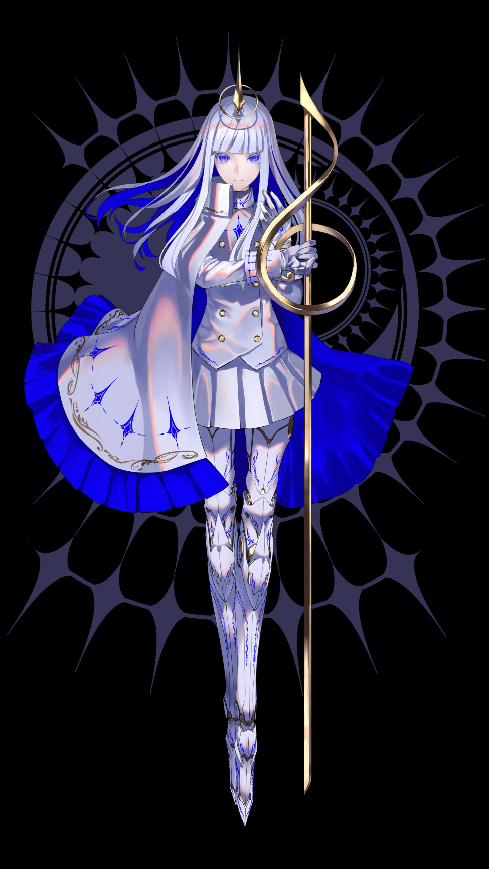 1girl asymmetrical_clothes blue_eyes blue_hair blue_theme capelet colored_eyelashes expressionless frills full_body gloves headpiece highres hime_cut holding holding_weapon limited_palette long_hair looking_at_viewer multicolored_hair neon_trim original prosthesis prosthetic_leg rapier sigil skirt solo sword treble_clef tsuki-shigure two-tone_hair weapon white_gloves white_hair