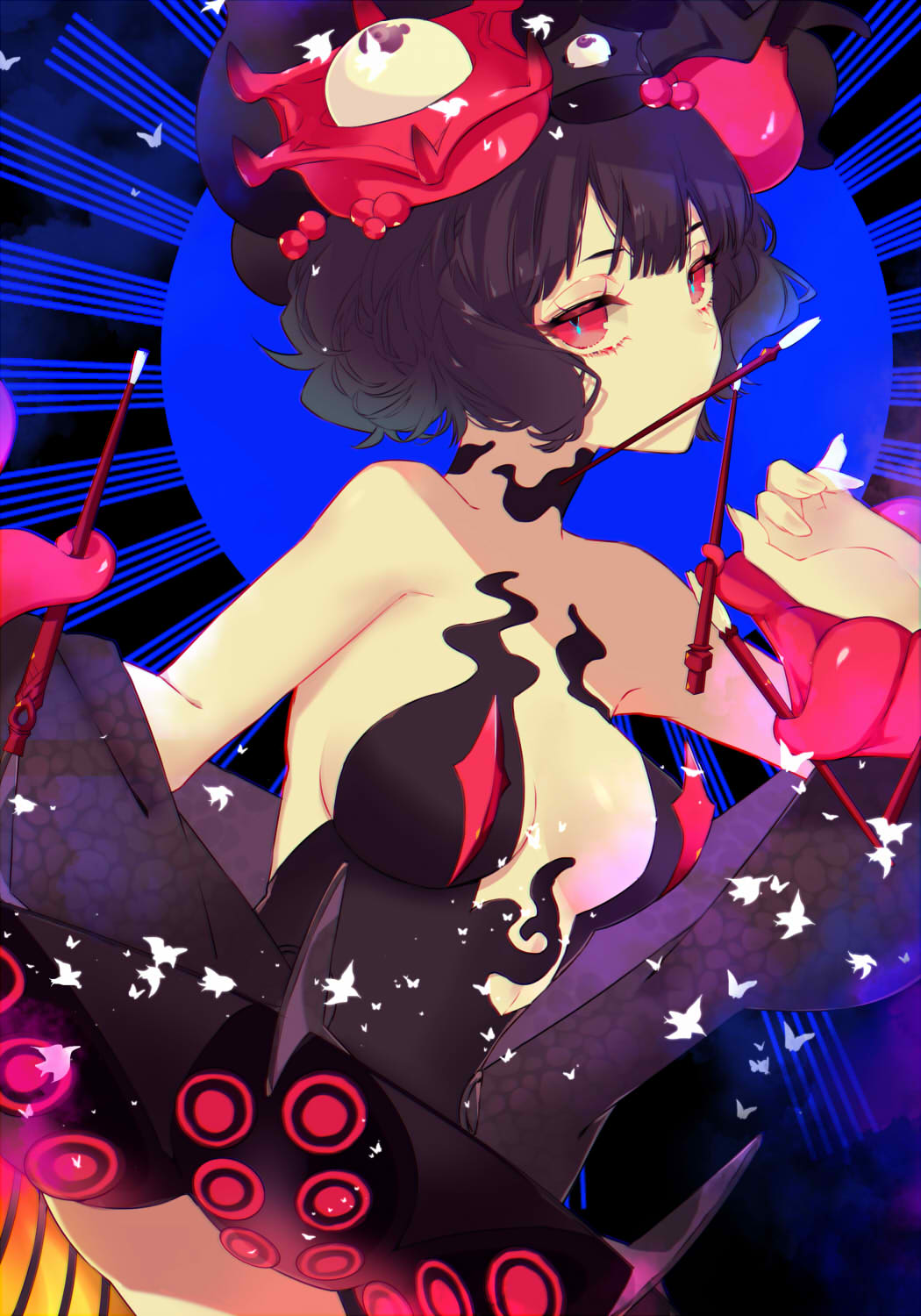 1girl bare_shoulders black_dress black_hair breasts dress fate/grand_order fate_(series) highres impossible_clothes impossible_dress katsushika_hokusai_(fate/grand_order) looking_at_viewer medium_breasts mouth_hold red_eyes revealing_clothes solo strapless strapless_dress sunahara_(toki0707) tentacle tokitarou_(fate/grand_order)