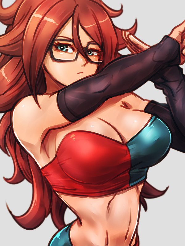 1girl adapted_costume android_21 armpits arms_up black-framed_eyewear blue_eyes bra breasts brown_hair checkered checkered_bra cleavage closed_mouth collarbone commentary_request curly_hair detached_sleeves dragon_ball dragon_ball_fighterz dress expressionless glasses long_hair looking_at_viewer medium_breasts navel solo sports_bra st62svnexilf2p9 underwear upper_body very_long_hair
