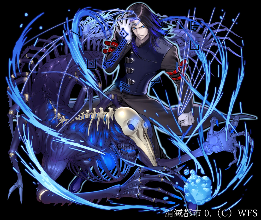 1boy arm_belt black_background black_hair black_pants blue_eyes blue_nails bug centipede clenched_hand copyright_request frown gloves hand_up long_hair monster nail_polish official_art ogami pants solo teeth white_gloves