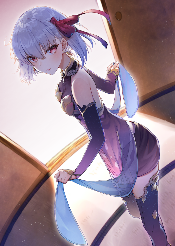 1girl bangs bare_shoulders bow breasts closed_mouth detached_sleeves dress dutch_angle eyebrows_visible_through_hair fate/grand_order fate_(series) hair_between_eyes hair_bow hakuishi_aoi holding kama_(fate/grand_order) long_hair long_sleeves looking_at_viewer looking_to_the_side purple_dress purple_legwear purple_skirt purple_sleeves red_bow red_eyes see-through short_hair silver_hair skirt sleeveless sleeveless_dress small_breasts smile solo standing sunlight thigh-highs