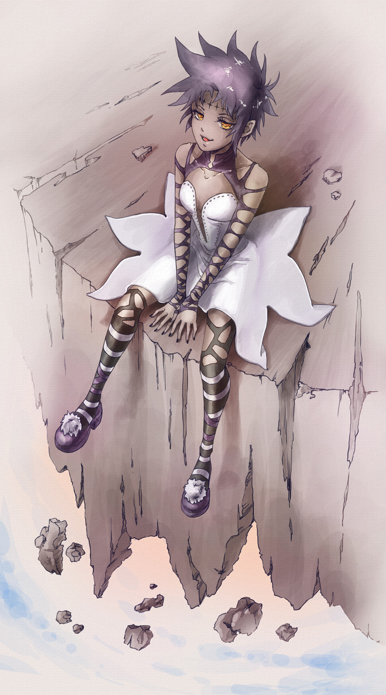 1girl :d between_legs collarbone d.gray-man dark_skin dress hand_between_legs highres lenalee-sama open_mouth orange_eyes purple_footwear purple_hair road_kamelot short_dress short_hair sleeveless sleeveless_dress smile solo strapless strapless_dress striped striped_legwear thigh-highs torn_clothes torn_legwear white_dress