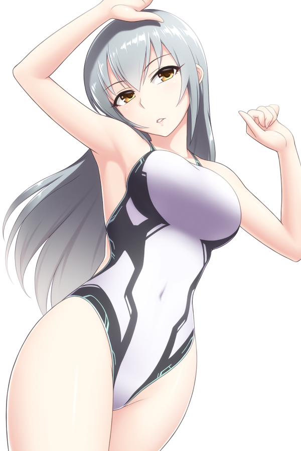 1girl armpits arms_up brown_eyes commentary_request competition_swimsuit covered_navel cowboy_shot idolmaster idolmaster_cinderella_girls long_hair looking_at_viewer one-piece_swimsuit pataniito silver_hair simple_background solo swimsuit takamine_noa white_background white_swimsuit