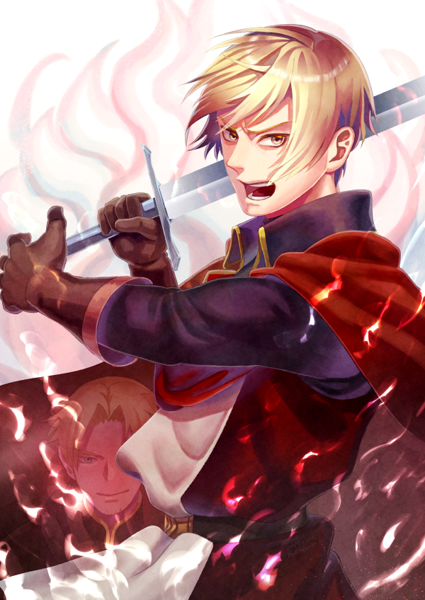 1boy artist_name belt blonde_hair blue_eyes brown_eyes brown_gloves cape dated dylan_the_island_king ethan_the_exiled_hero gloves holding holding_sword holding_weapon male_focus mizuki_apple open_mouth pixiv_fantasia pixiv_fantasia_last_saga red_cape shouting solo sword weapon white_background