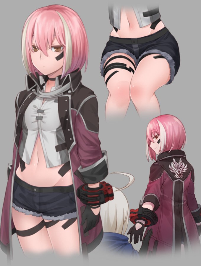 1boy 1girl ahoge black_gloves choker closed_mouth coat copyright_request denim denim_shorts eyebrows_visible_through_hair gloves grey_background long_sleeves looking_at_viewer multicolored_hair navel nyifu pink_hair short_hair shorts simple_background smile white_hair