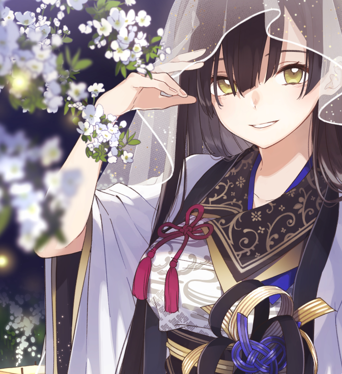 1girl black_hair booota collarbone flower hand_up japanese_clothes lips long_hair looking_at_viewer original smile solo veil yellow_eyes