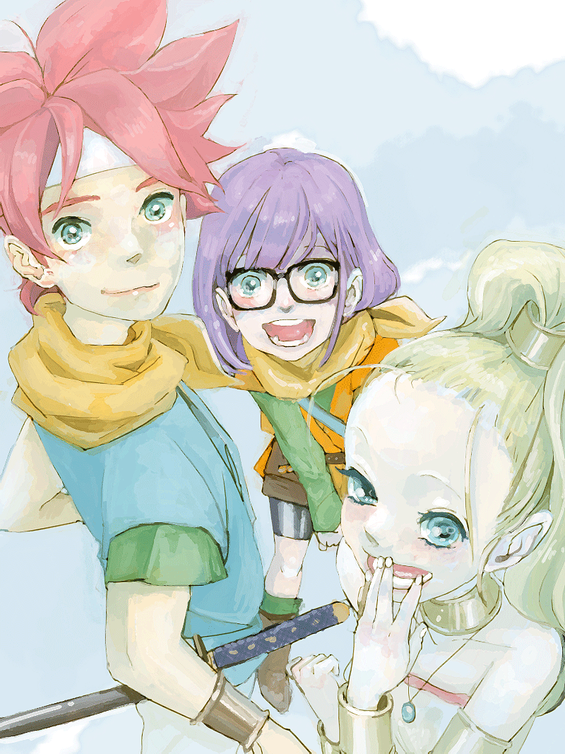 blonde_hair blue_eyes chrono_trigger crono forehead glasses headband jewelry lucca_ashtear male marle multiple_girls mwr necklace purple_hair red_hair redhead smile sword weapon