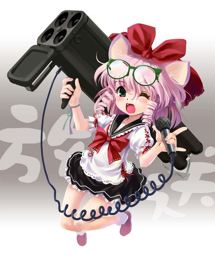 cat_ears glasses green_eyes katahira_masashi m202 microphone multishot_rocket_launcher pink_hair rocket_launcher weapon wink