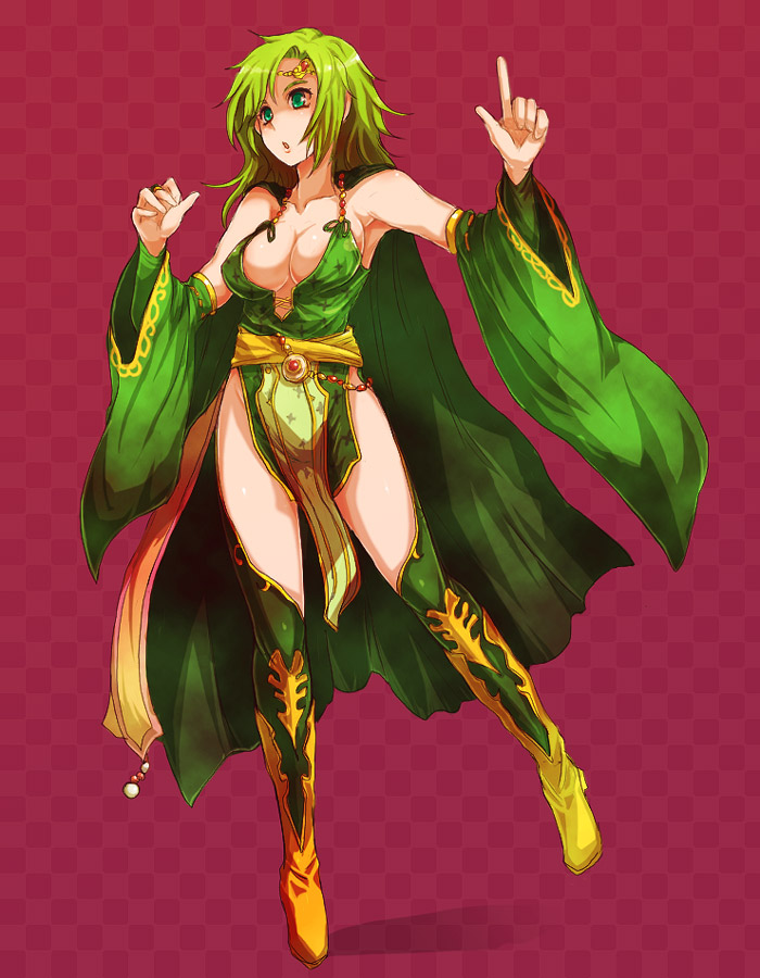 boots breasts bridal_gauntlets cleavage detached_sleeves final_fantasy final_fantasy_iv green_eyes green_hair kara_(color) rydia solo thigh-highs thigh_boots thighhighs