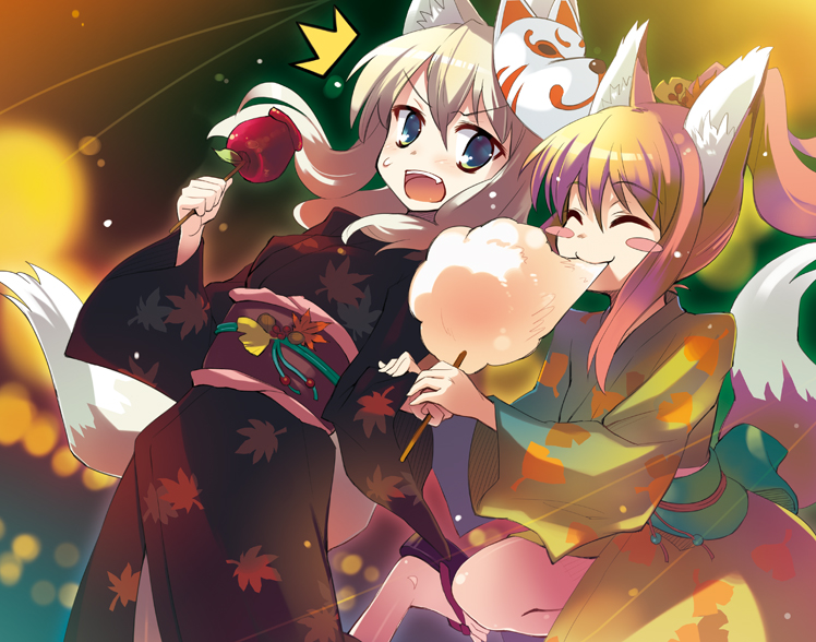 2girls animal_ears blonde_hair blue_eyes blush_stickers candied_apple candy_apple closed_eyes cotton_candy festival fox_ears fox_mask fox_tail japanese_clothes kimono mask multiple_girls original oryou ponytail tail yukata