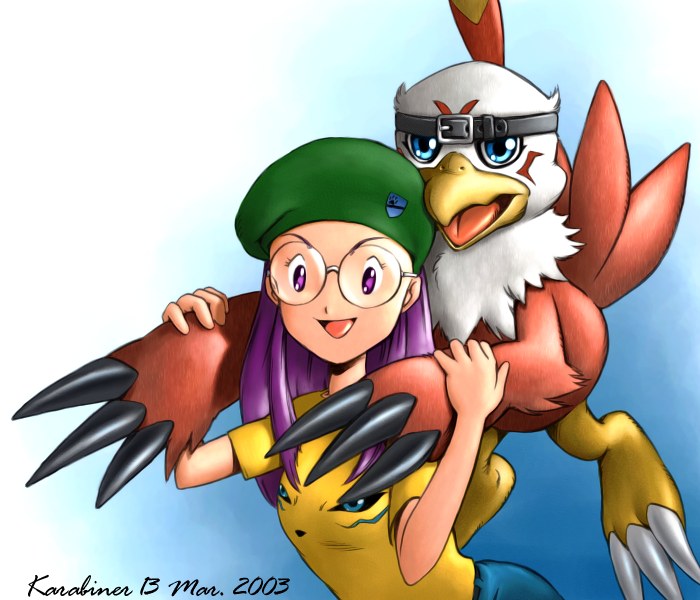 beret bird blue_eyes claws digimon digimon_adventure_02 glasses hat hawkmon headband hug hug_from_behind inoue_miyako karabiner leaning_forward long_hair purple_eyes purple_hair renamon t-shirt tail