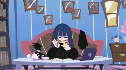 animated_gif black_dress blue_hair blush_stickers book bookshelf cap closed_eyes couch eating food gif heart honekoneko honekoneko_(psg) laptop long_hair lowres multicolored_hair official_style open_mouth panty_&amp;_stocking_with_garterbelt pudding screencap spoon stocking_(character) stocking_(psg) stuffed_animal stuffed_toy table trembling two-tone_hair window