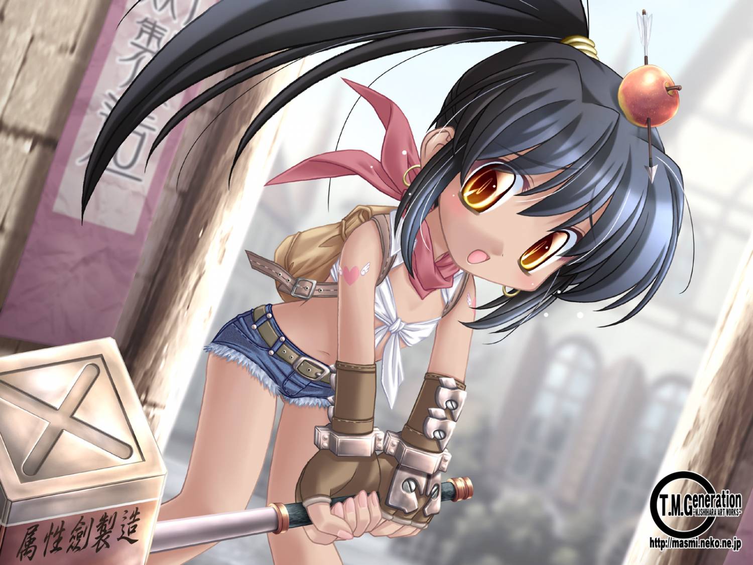 apple apples black_hair blacksmith dark_skin denim denim_shorts food fruit hammer ishihara_masumi ponytail ragnarok_online scarf shorts tattoo wallpaper yellow_eyes