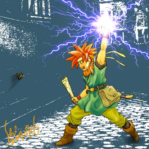 1boy bag bandana belt boots chrono_trigger crono insect lightning lowres magic male newspaper overkill red_hair redhead satchel scabbard sheath spiked_hair